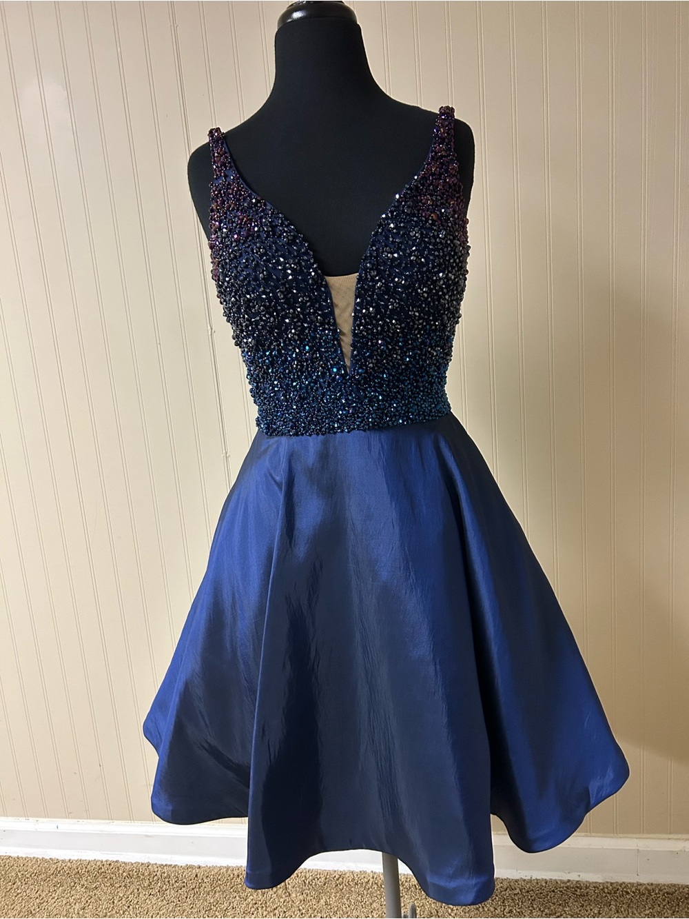 Sherri Hill Navy Beaded Deep V Fit-and-Flare Cocktail Dress